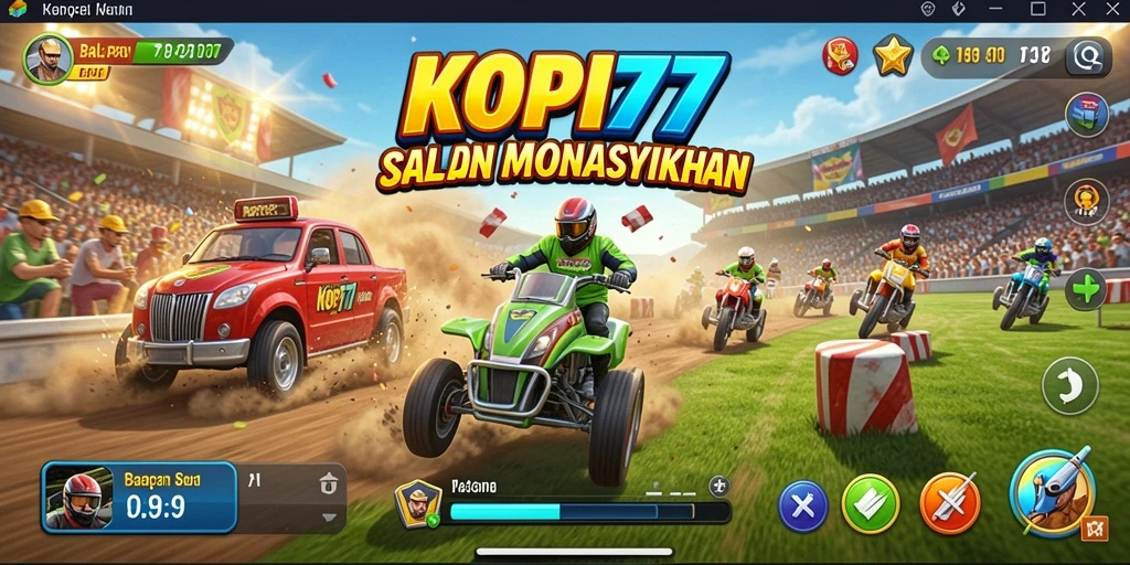 Screenshot utama KOPI77 menampilkan aksi balapan mendebarkan.