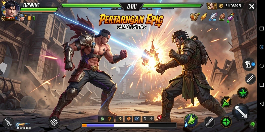 Screenshot menampilkan pertarungan dinamis dalam RPWIN1 dengan grafis memukau.